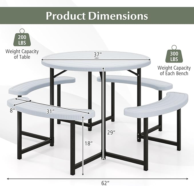 Giantex Picnic Table Bench Set for 4-8 Person, Round 37” Outdoor Dining Table w/Umbrella Hole, HDPE Tabletop - Photo 6