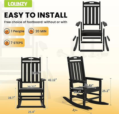 LOUNZY Outdoor Rocking Chair with Footboards Set of 5, HDPE Rocking Chair Patio Porch Rocker with 380lbs Support for Adult, Black