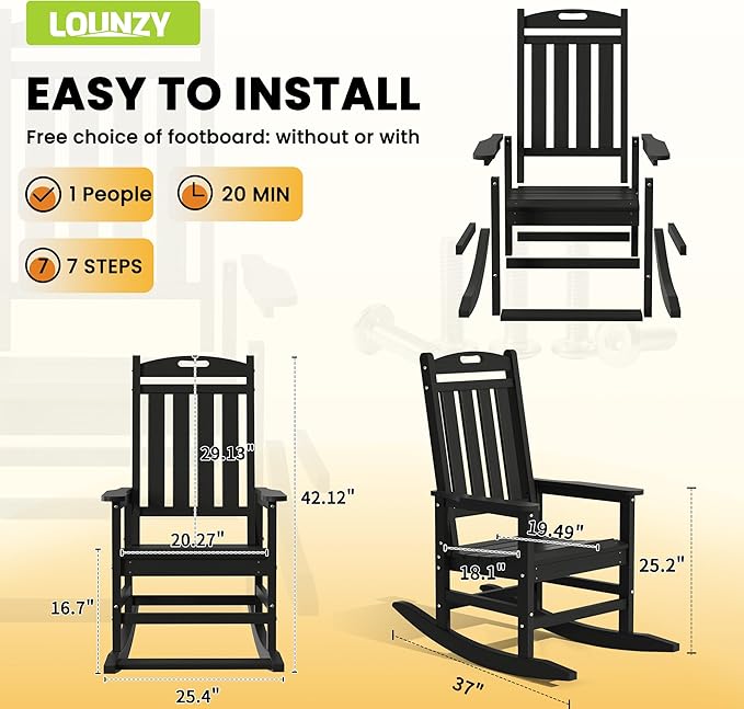 LOUNZY Outdoor Rocking Chair with Footboards Set of 6, HDPE Rocking Chair Patio Porch Rocker with 380lbs Support for Adult, Black
