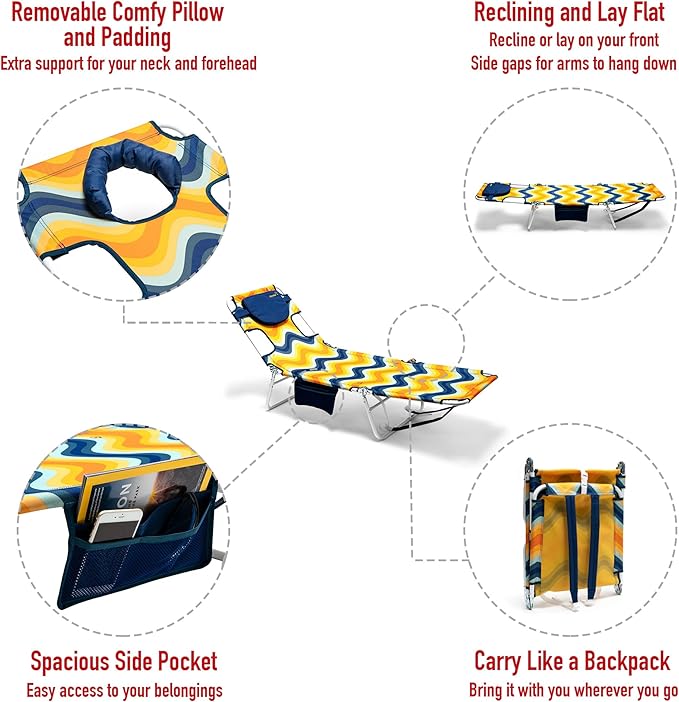 SunnyFeel Lounge Beach Chair for Adults with Face Hole, Backpack Reclining Beach Chairs Lay Flat, Sun Face Down Tanning Chair, Portable Folding Camping Cot for Outside Pool, Sunbathing, Reading