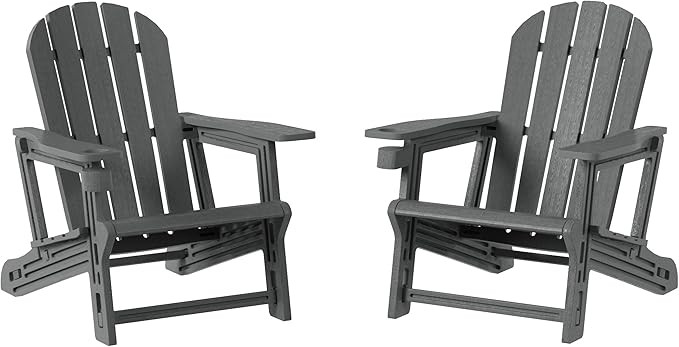 Costaelm Cayman Hardware-Free Assembly Outdoor Patio HDPE Poly Plastic Adirondack Chair with Cup Holder (Set of 2), Gray