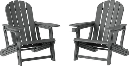 Costaelm Cayman Hardware-Free Assembly Outdoor Patio HDPE Poly Plastic Adirondack Chair with Cup Holder (Set of 2), Gray