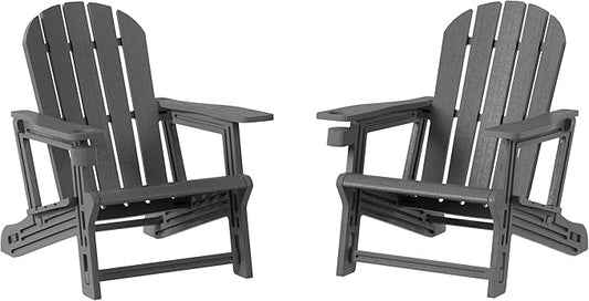 Costaelm Cayman Hardware-Free Assembly Outdoor Patio HDPE Poly Plastic Adirondack Chair with Cup Holder (Set of 2), Gray