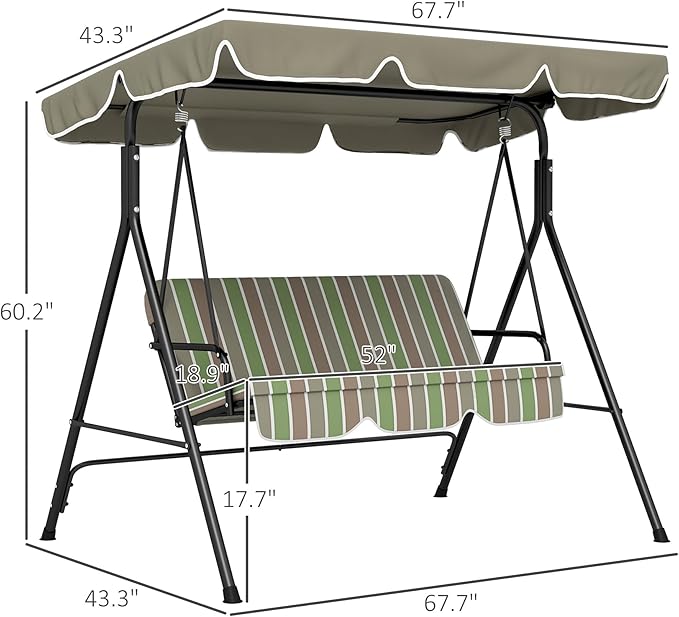Outsunny 3-Seat Outdoor Patio Swing Chair with Removable Cushion, Steel Frame Stand and Adjustable Tilt Canopy for Patio - Photo 6
