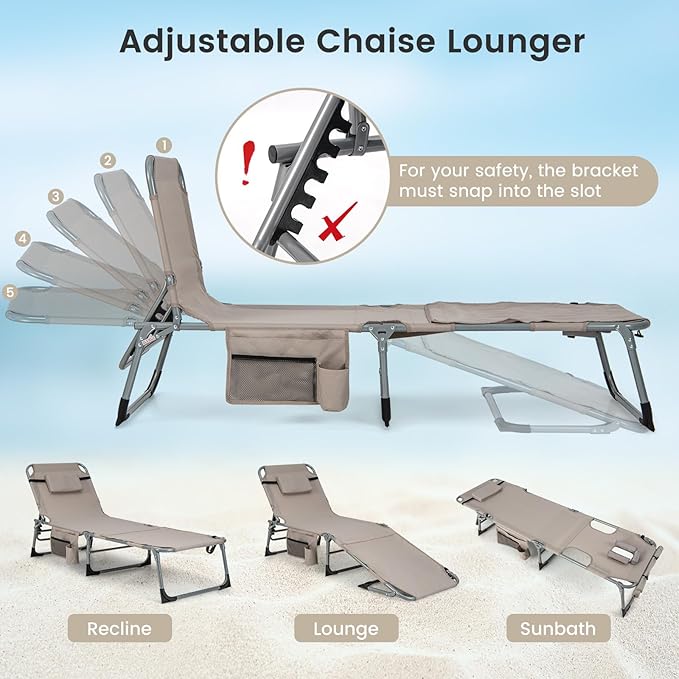 Goplus Tanning Chair, Folding Outdoor Beach Lounge Chair with Face & Arm Hole, Carrying Strap, Pillow, Side Pocket - Photo 4