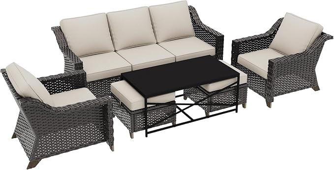 6 Pieces Outdoor Conversation Furniture Set - 77" Patio Sofa, 2 Armchairs, 2 Ottomans, 1 Metal Table - Photo 6