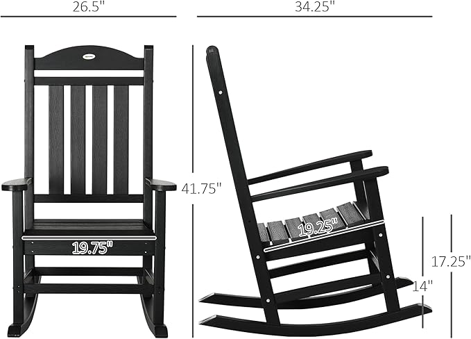 Outsunny 2 Pieces Outdoor Rocking Chair, All Weather-Resistant HDPE Rocking Patio Chairs with Rustic High Back, Armrests, Oversized Seat and Slatted Backrest, 350lbs Weight Capacity, Black
