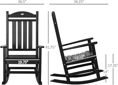 Outsunny 2 Pieces Outdoor Rocking Chair, All Weather-Resistant HDPE Rocking Patio Chairs with Rustic High Back, Armrests, Oversized Seat and Slatted Backrest, 350lbs Weight Capacity, Black
