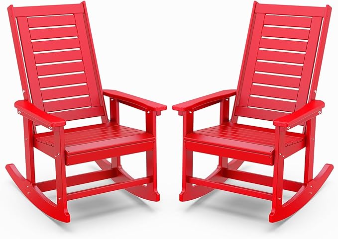 IVY&LANE Outdoor Rocking Chairs Set of 2 | Porch-Rockers | Red | HDPE Plastic | All-Weather | High Back | Wide Seat | Oversized Patio Rocker for Adult | for Outside Deck Balcony Garden