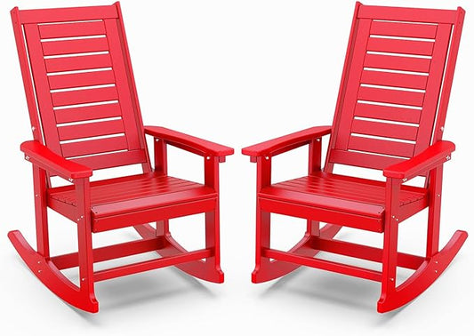 IVY&LANE Outdoor Rocking Chairs Set of 2 | Porch-Rockers | Red | HDPE Plastic | All-Weather | High Back | Wide Seat | Oversized Patio Rocker for Adult | for Outside Deck Balcony Garden