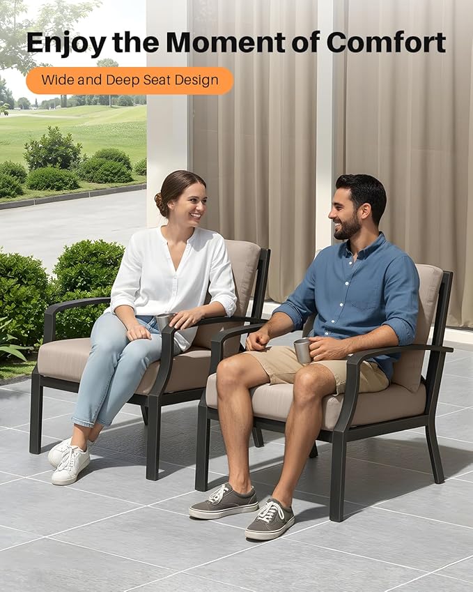 Outdoor Sofa Chair Set of 2, Never-Rust Aluminum Patio Club Chairs, Deep-Seating Patio Sofa Armchair with Thick Cushion, Outdoor Single Chairs for Garden, Deck, Indoor, Poolside, Dark Bronze