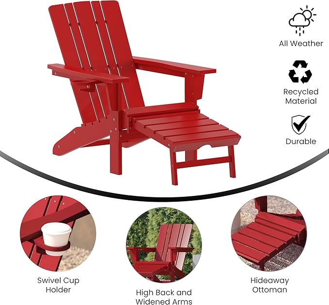 Flash Furniture Halifax Poly Resin Adirondack Chair with Cup Holder and Pull Out Ottoman, All-Weather Poly Resin Indoor/Outdoor Lounge Chair, Set of 2, Red