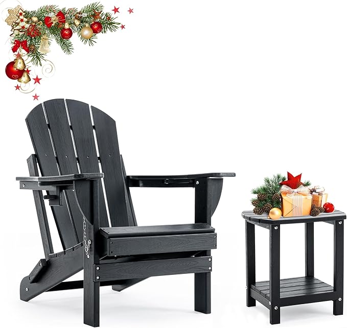 Folding Outdoor Adirondack Chairs Set of 1 with HDPE Side Tables-Plastic Weather Resistant Patio Chairs with Small Outdoor Side Tables 2 Storage for Patio,Fire Pit, Garden and Backyard