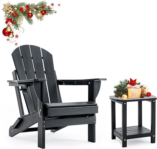 Folding Outdoor Adirondack Chairs Set of 1 with HDPE Side Tables-Plastic Weather Resistant Patio Chairs with Small Outdoor Side Tables 2 Storage for Patio,Fire Pit, Garden and Backyard