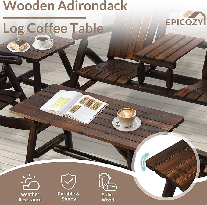 5-Piece Outdoor Wood Log Rocking Conversation Set, Patio Adirondack Furniture Chair Set Including 2-Seater Garden Bench & Built-in Table, 2 Coffee Table, 2 Log Rocker Chair, Carbonized