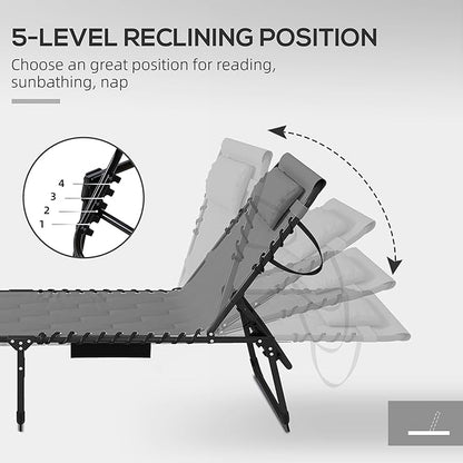 Outsunny Padded Folding Chaise Lounge Chair Outdoor Set of 2, 5-Level Reclining Patio Loungers, Tanning Chairs with Side Pocket, Headrest and Carrying Handle for Beach, Yard, Patio, Gray