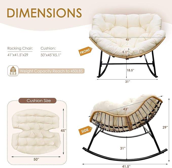NICESOUL Outdoor Rocking Papasan Chair Set of 2 with Cushions, Comfy Oversized Padded Rockers - Photo 2
