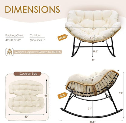 NICESOUL Outdoor Rocking Papasan Chair Set of 2 with Cushions, Comfy Oversized Padded Rockers, 2 Person Wicker Egg Gliders, 450Lbs Wide Recliner Lounge for Bedroom, Living Room, Porch, Balcony