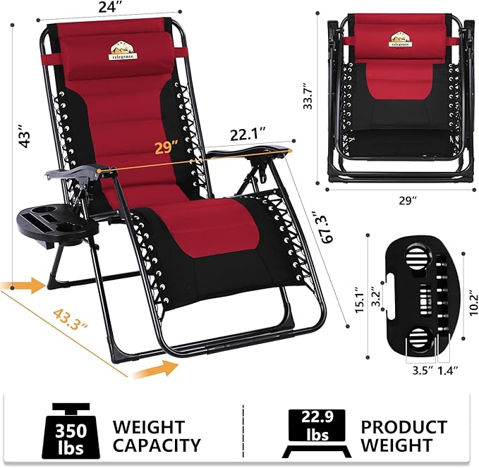 Oversized Padded Zero Gravity Lounge Chair, Foldable Patio Anti Gravity Reclining Chairs Folding Lawn Recliner with Cup Holder for Yard, Camping, Outdoor, Support 350 LBS, Burgundy