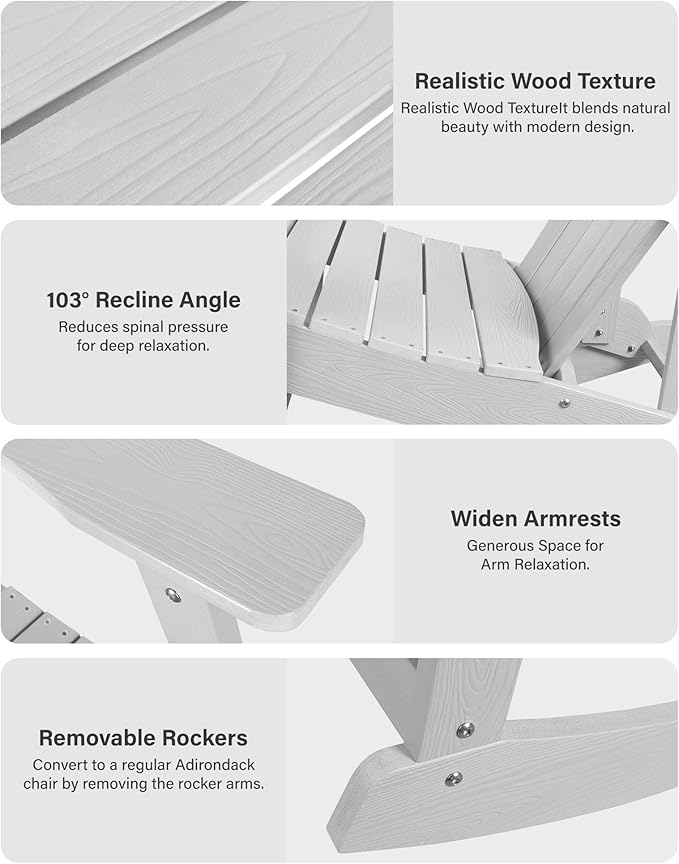 YEFU Outdoor Rocking Chair Set of 4,Adirondack Rocking Chair,Patio Rocker Chair with Wide Back,Oversized Rocker Chair Look Like Real Wood, for Lawn, Porch, Backyard, Indoor and Garden(White)