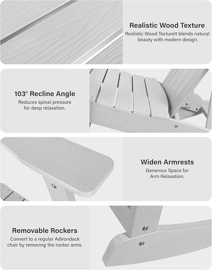 YEFU Outdoor Rocking Chair,Adirondack Rocking Chair,Patio Rocker Chair with Wide Back,Oversized Rocker Chair Look Like Real Wood, for Lawn, Porch, Backyard, Indoor and Garden(White)
