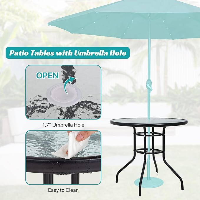 32" Round Outdoor Dining Table - Tempered Glass Top with Umbrella Hole, Weather-Resistant Metal Patio Table for Backyard, Poolside, Balcony, Garden - Black