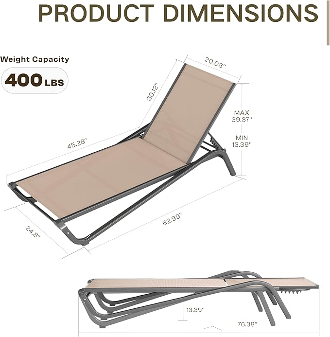 Kingdura Chaise Lounge Chairs Set for Pool, Aluminum Outdoor Lounge Chairs with 5 Positions Recliner - Photo 2