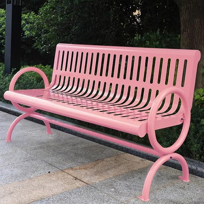 Outdoor Bench, 2 Seater Garden Patio Bench, Metal Bench with Curved Design, Park Bench with Backrest and Armrest for Front Porch Park Outside Furniture Decor(Pink)