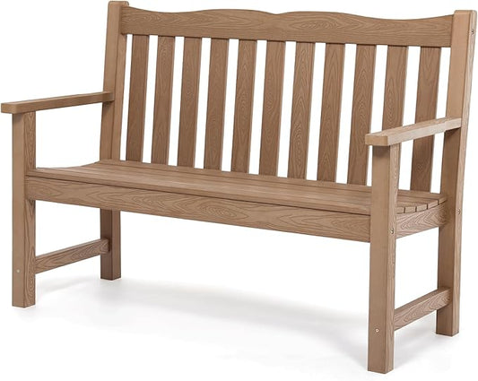 Stoog All-Weather Outdoor Bench, 2-Person Poly Lumber Garden Bench with 800lb Capacity, Never Fade & Rust-Proof, for Backyard, Patio, Deck, and Porch, Teak