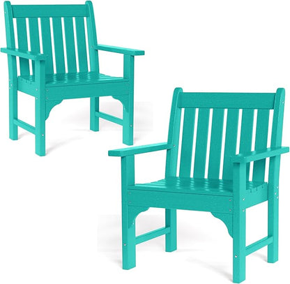 Costaelm Outdoor Dining Chairs with Arms Set of 2, Patio HDPE Garden Dining Table Chair, Poly Lumber Waterproof Restaurant Bistro Farmhouse Chairs for Outside Porch Backyard, Turquoise