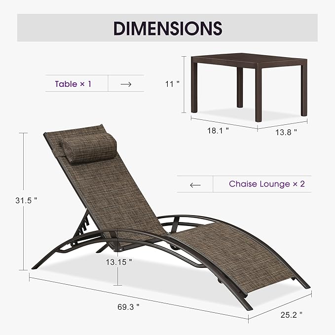 PURPLE LEAF Outdoor Chaise Lounge Chair Set of 3 Patio Pool Lounger Bronze Aluminum Chairs with Side Table Adjustable Tanning Recliner for Outside Backyard Yard Deck Balcony Beach Brown