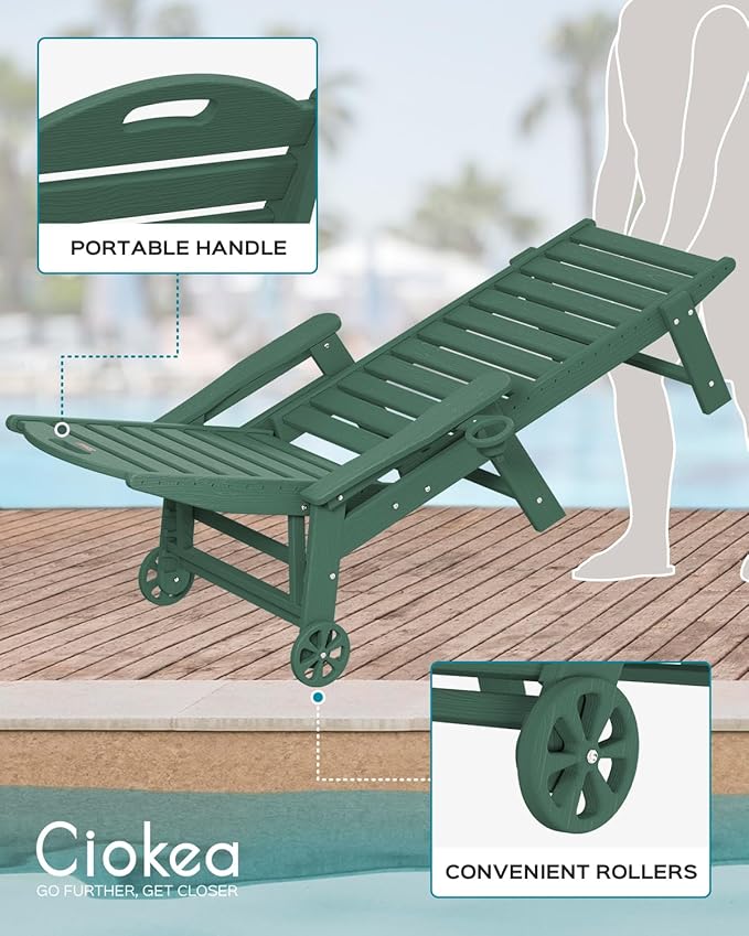 Chaise Lounge Chair Outdoor with Wheels, Adjustable 5-Position Chaise Lounge Outdoor with Wood Texture, Patio Lounge Chair for Poolside Backyard, Green