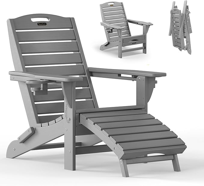 Folding Adirondack Chair with Retractable Ottoman Weather Resistant Fire Pit Chair Patio Chair with 2 Cup Holder Lawn Outdoor Lounge Chair (Grey)