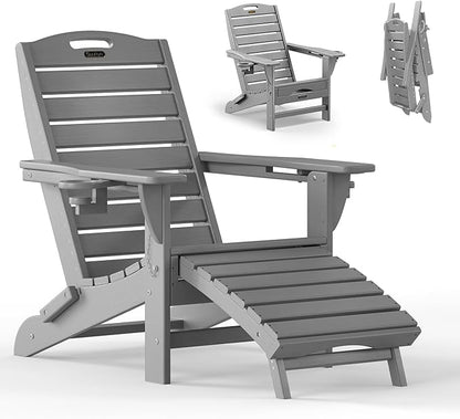 Folding Adirondack Chair with Retractable Ottoman Weather Resistant Fire Pit Chair Patio Chair with 2 Cup Holder Lawn Outdoor Lounge Chair (Grey)