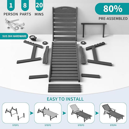 Plawdlik Oversized Patio Chaise Lounge, 5 Positions Adjustable HDPE Outdoor Lounge Chair with Rolling Wheels & Cup Holder,All-Weather for Poolside, Beach, Garden - Gray