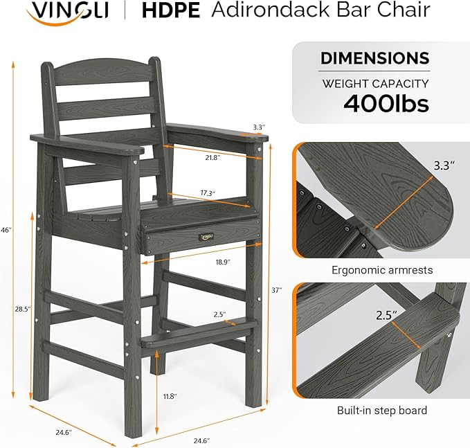 VINGLI Outdoor Bar Stools Set of 2, HDPE All-Weather Patio Bar Height Chairs Heavy-Duty Tall Adirondack Chairs for Backyard, Porch, Balcony and Poolside (Gray)