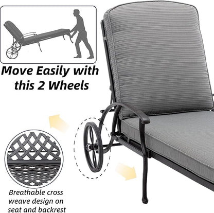 Chaise Lounge Outdoor Chair with Side Table, Adjustable Reclining Rust-Resistant Aluminum Cast Poolside Chaise with Convenient Wheels, Outdoor Lounge Furniture Set of 3, (Grey)