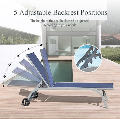 Domi Chaise Lounge Outdoor Set of 3 Lounge Chairs for Outside w/Wheels, 5 Adjustable Position Pool Lounge Chairs for Patio, Beach, Yard, Navy Blue
