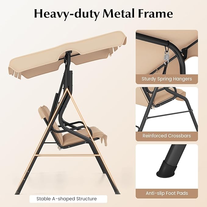 RELAX4LIFE 3-Person Porch Swing Chair - Outdoor Swing w/Adjustable Canopy, Removable Cushion & Metal Frame Stand - Photo 7