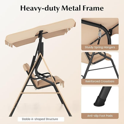 RELAX4LIFE 3-Person Porch Swing Chair - Outdoor Swing w/Adjustable Canopy, Removable Cushion & Metal Frame Stand, 3 Seat Swing Bench for Backyard Garden Poolside, Patio Swing for Adults (Beige)