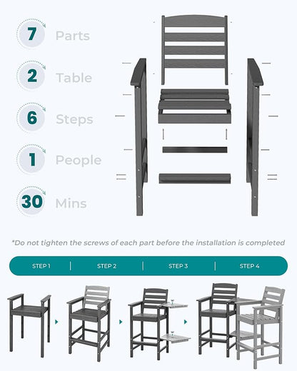 SERWALL Tall Adirondack Chairs Set of 2 with Connecting Table, Grey