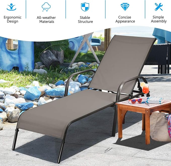 COSTWAY Outdoor Patio Lounge Chair Chaise Fabric Adjustable Reclining Armrest Pool Brown - Photo 8