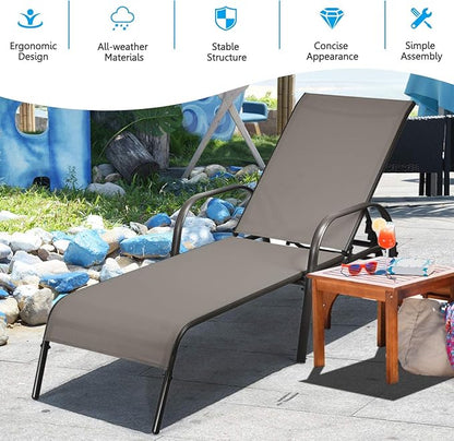 COSTWAY Outdoor Patio Lounge Chair Chaise Fabric Adjustable Reclining Armrest Pool Brown