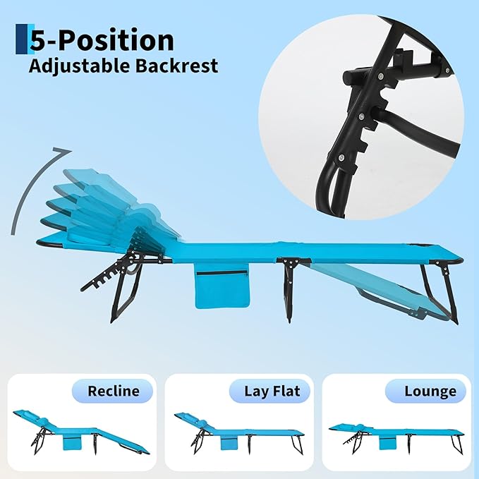 Tanning Chair with Face Hole Folding Beach Lounge Chair,5-Position Adjustable Backrest, Pillow & Side Pocket,Portable Face Down Chaise Lounge for Outdoor Backyard Poolside,Beach, Patio,Blue
