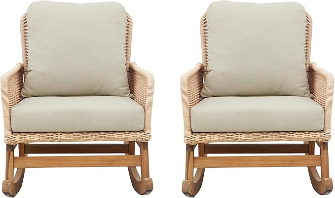 Christopher Knight Home Nadine Patio Rocking Chairs Set of 2, Wicker Rocker, Wood Rocking Chair, PE Rattan Wick Chair, Rocking Chair with Cushions, Comfort Wicker Rocker for Backyard Balcony, Beige