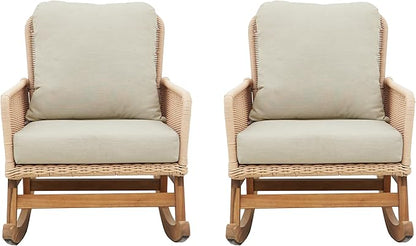 Christopher Knight Home Nadine Patio Rocking Chairs Set of 2, Wicker Rocker, Wood Rocking Chair, PE Rattan Wick Chair, Rocking Chair with Cushions, Comfort Wicker Rocker for Backyard Balcony, Beige
