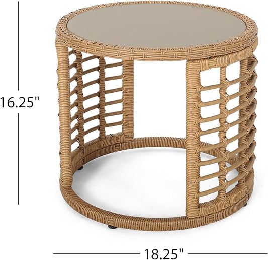 F-Light Rattan Side Tables, Outdoor Round Rattan Coffee Table with Tempered Glass Top for Porch Bistro Set, Brown
