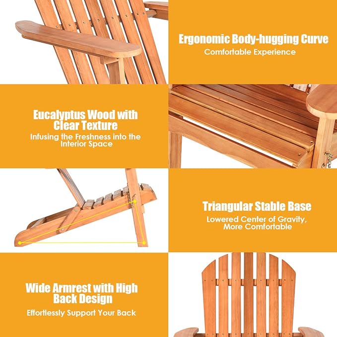 Giantex Wooden Adirondack Chair Outdoor Lounger Chair, Folding Adirondack Chairs 400 lbs Weight Capacity for Patio, Garden, Deck, Porch, Lawn, Oversized Backyard Seating Fire Pit Chairs