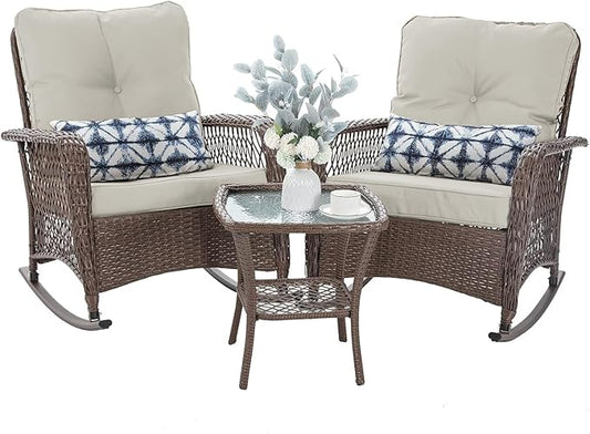 Patio Furniture Set 3 Pieces, Rocking Bistro Set with Thick Cushions, Brown Wicker Outdoor Rocker Chairs and Coffee Table for Porch, Backyard or Garden (Pale White)