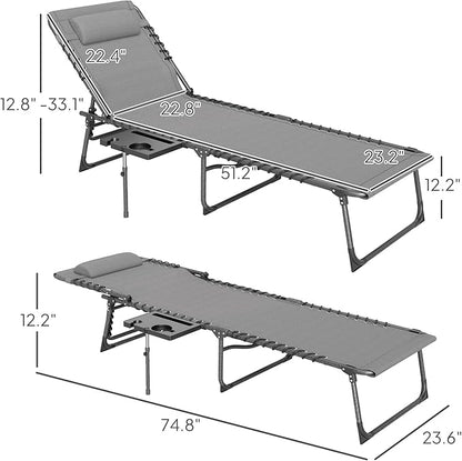 Outsunny Folding Chaise Lounge Chair Outdoor Tanning Chair with Side Table, 5-Level Adjustable Beach Lounge Chair with Headrest, Side Pocket for Patio, Backyard, Beach, Poolside, Gray